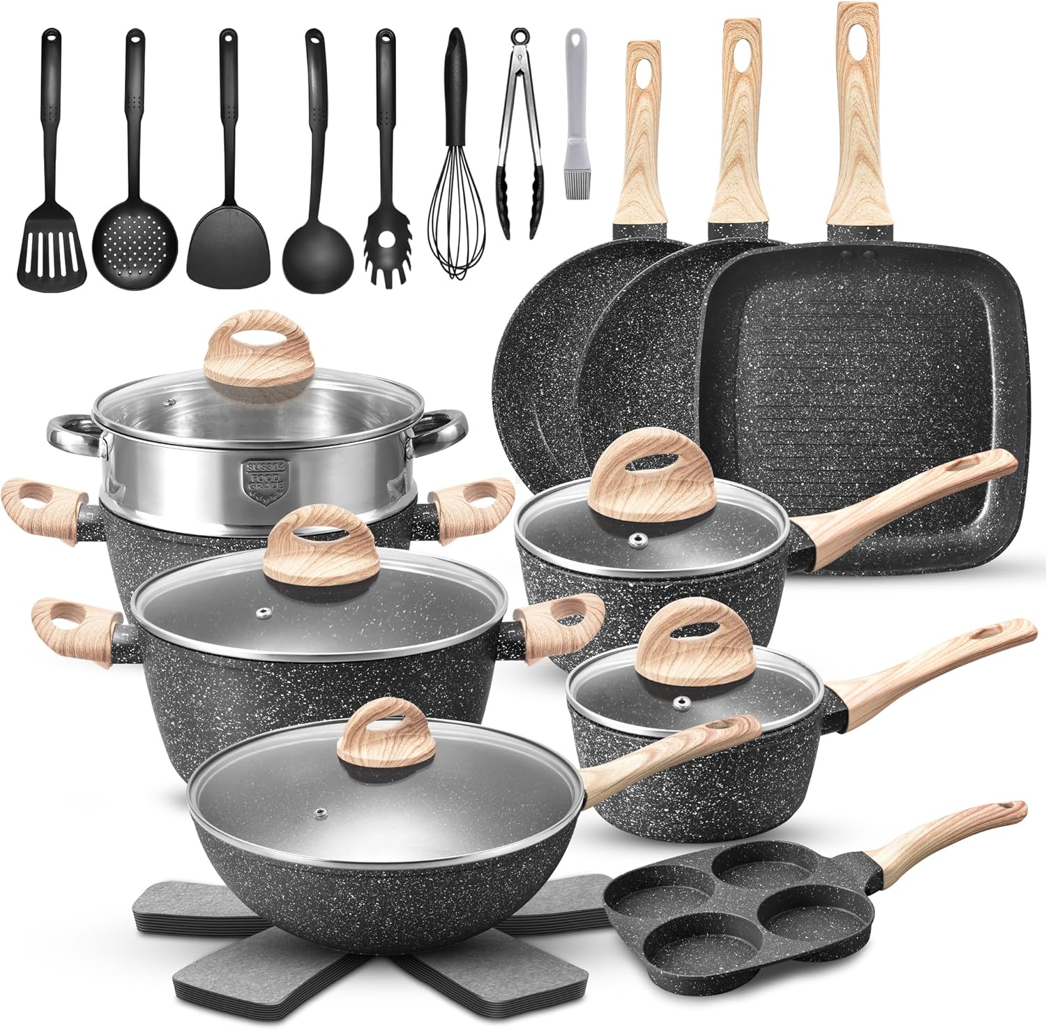 VOTTGO 31 Pcs Pots and Pans Set Non Stick. Black Granite Induction Cookware Set. Non Toxic Healthy RV Kitchen Cooking Set with Silicone Tools and Pot Protectors. PFOA PFOS PFAS Free