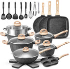 VOTTGO 31 Pcs Pots and Pans Set Non Stick. Black Granite Induction Cookware Set. Non Toxic Healthy RV Kitchen Cooking Set with Silicone Tools and Pot Protectors. PFOA PFOS PFAS Free